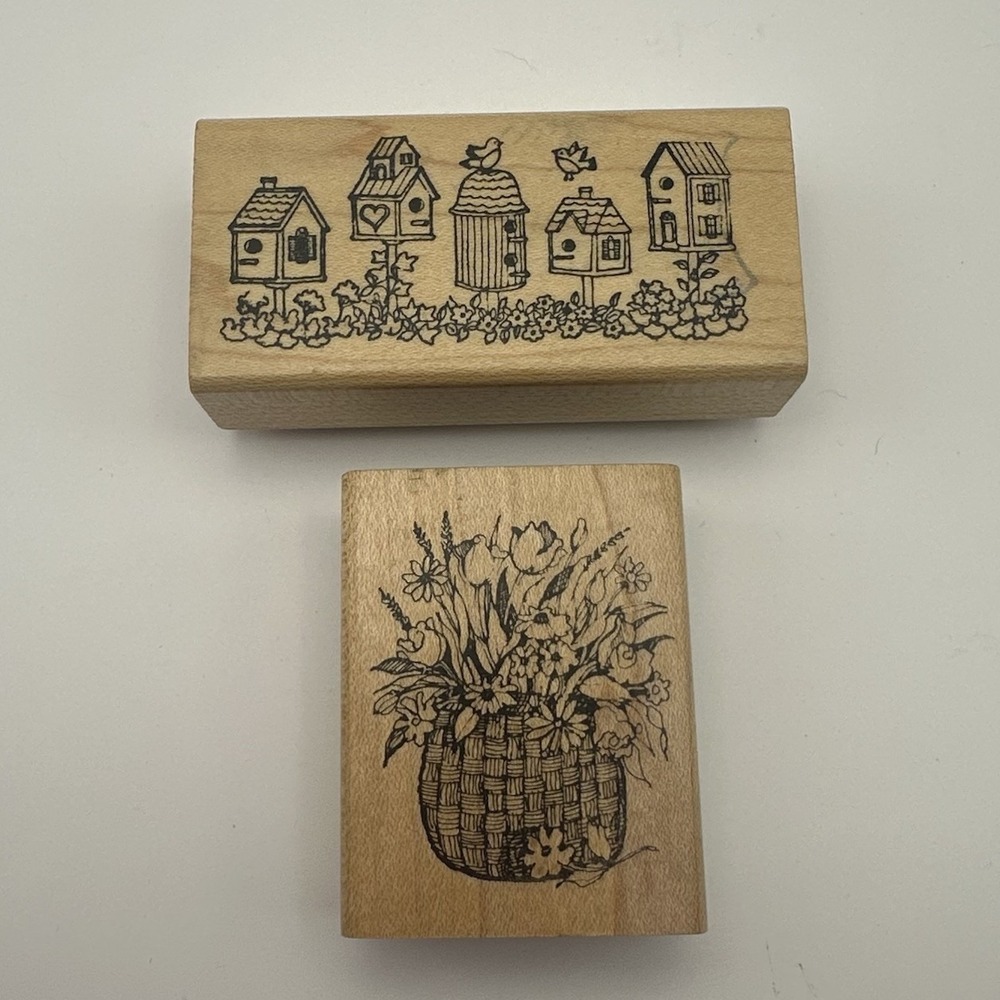 Delafield Flower Basket F502 Birdhouses G672 Wood Mount Rubber Stamp Lot Vintage